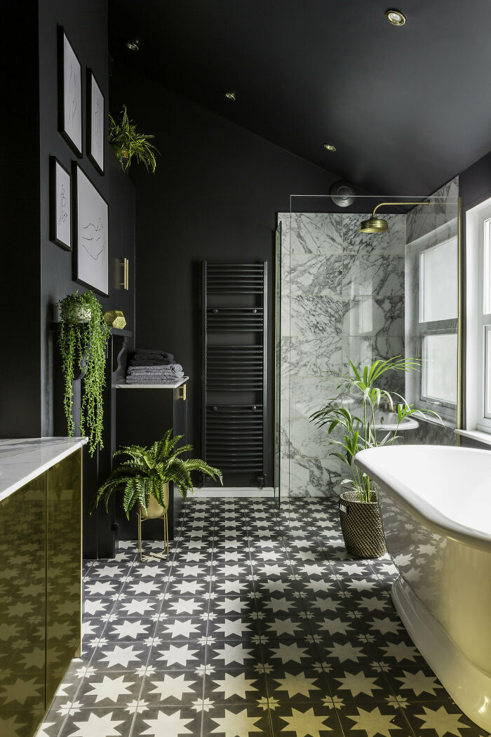 Renovated Black Bathroom With Brass Fixtures And Marble Tile Clad Shower, South East London, UK