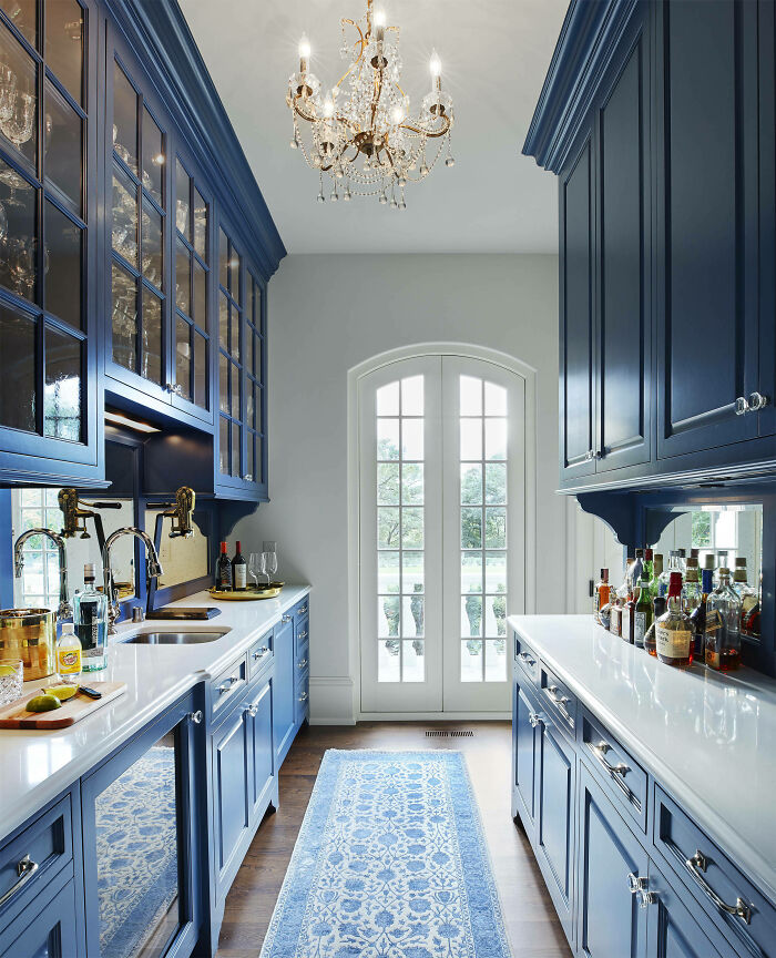 Butler's Pantry With Blue Cabinetry And A French Window, Saint Paul, Minnesota