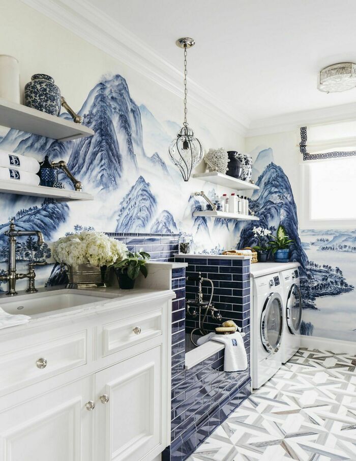 The Laundry Room/Dog Spa, De Gournay Wallpaper, Designed By Dina Bandman, San Francisco 
