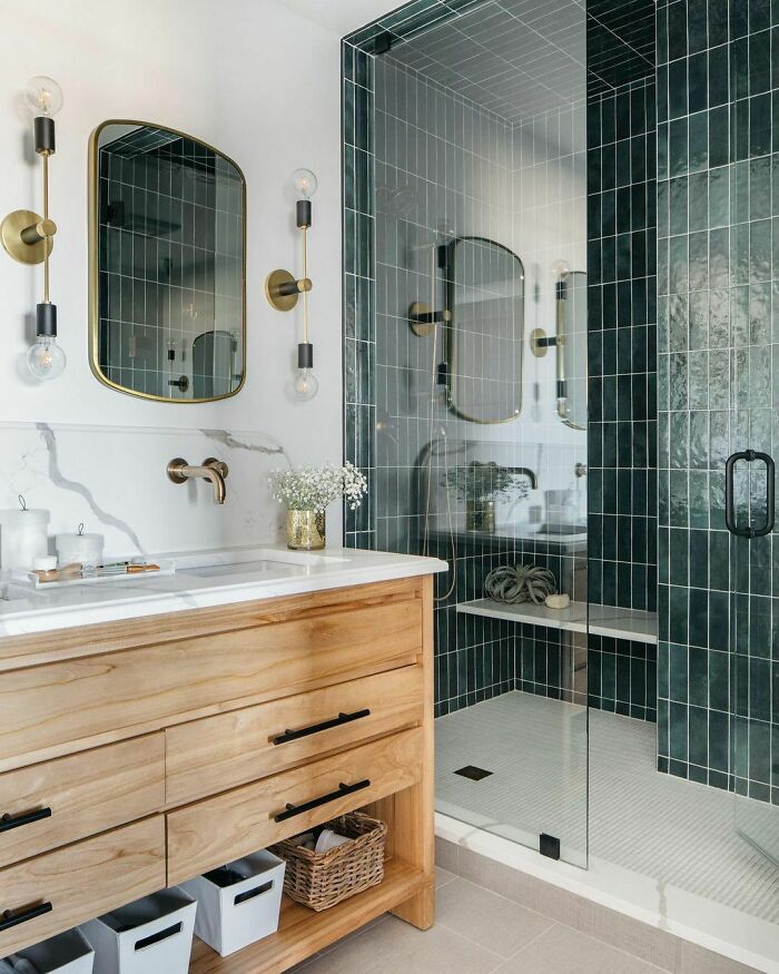 This Emerald Green Vertical Tile Bathroom