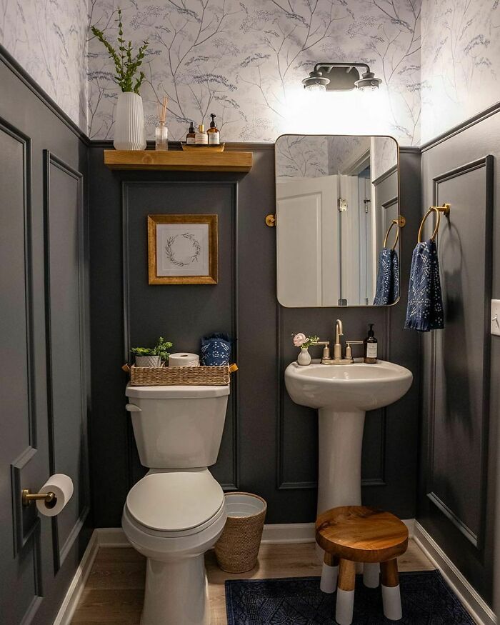 Deep Gray Paneling In A Renovated Powder Room, Minnesota
