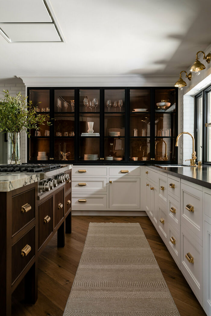 Black Framed Glass Cabinet Doors In A White Kitchen, Wilhaggin, Sacramento, California 