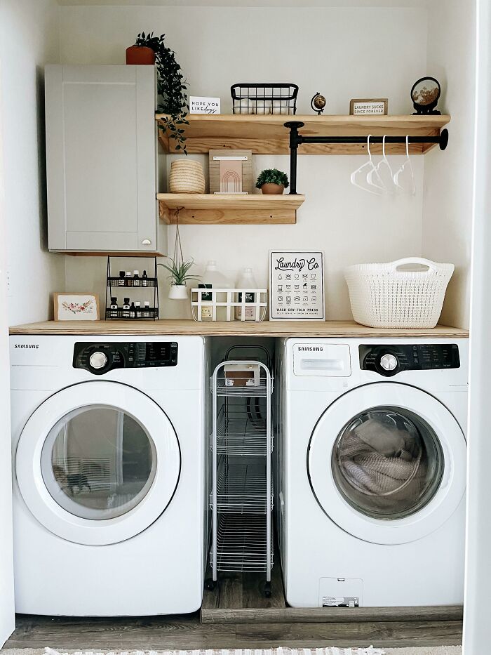 Laundry Closet Makeover! Father-In-Law Helped Us Create This Beauty. Originally Plain White Wire Shelving On The Back Wall.