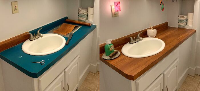 One Roll Of $11.99 Peel & Stick Wood Contact Paper And My Bathroom Went From So Ugly To So Nice.