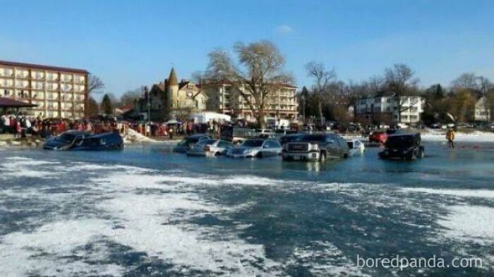 15 Idiots Decided To Park On A Frozen Lake During 45 Degree Weather