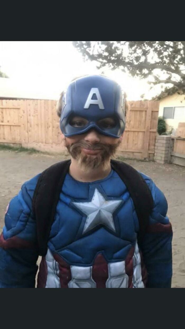 My Son Wanted A Beard To Go With His Costume, But We Couldn’t Afford It. So He Disappears As Comes Back With This... He Cut His Own Hair And Glued It On His Face. He Got 3x More Candy Than Any Of The Other Kids