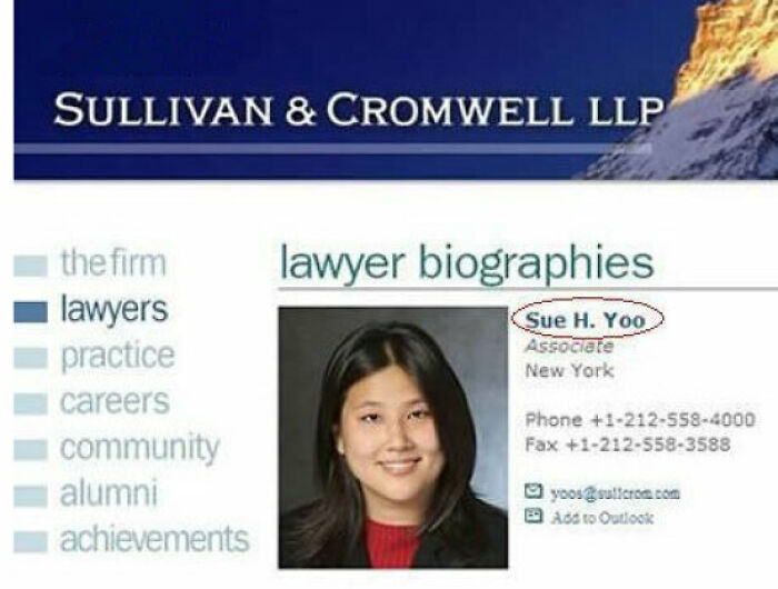 Lawyer biography page for Sue H. Yoo at Sullivan & Cromwell LLP, highlighting unusual or dumbest names encountered by parents.