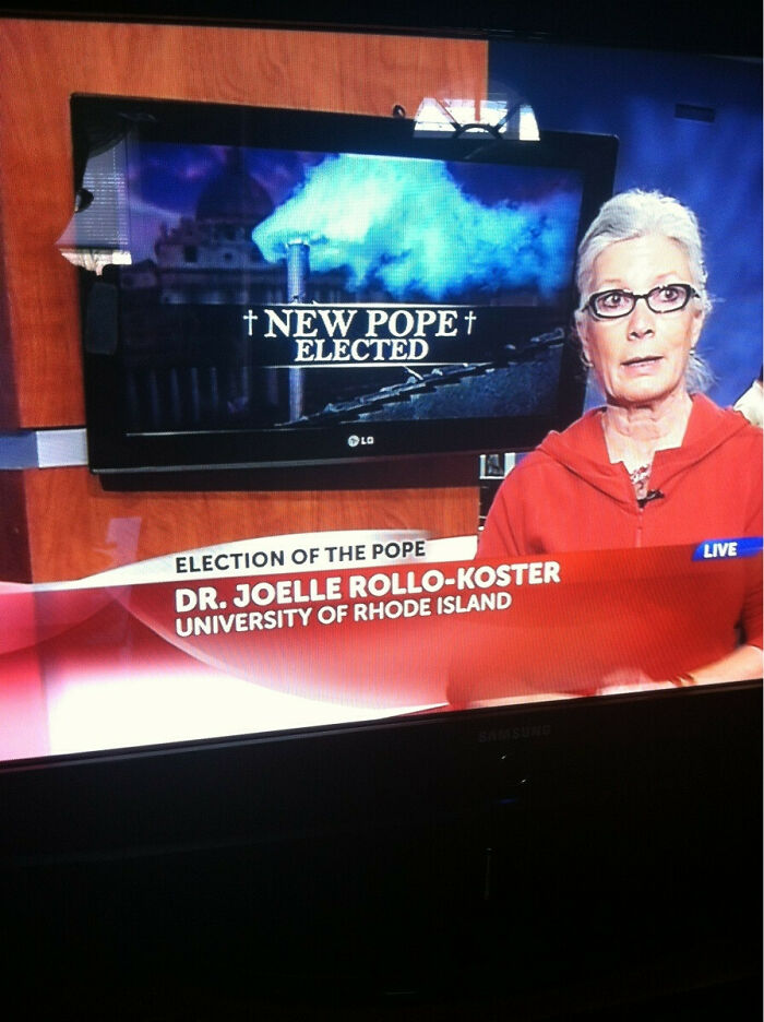 TV news segment about the election of the new pope with expert discussing unusual or dumb names encountered.