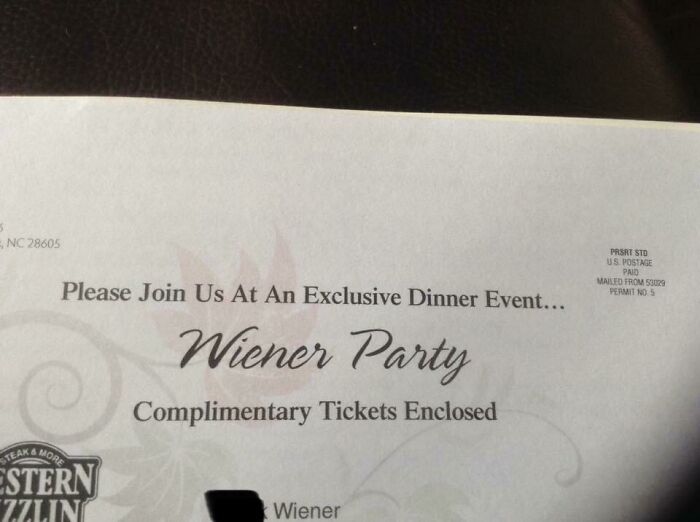 Invitation to a wiener party event, highlighting a humorous example related to dumbest names encountered by parents.
