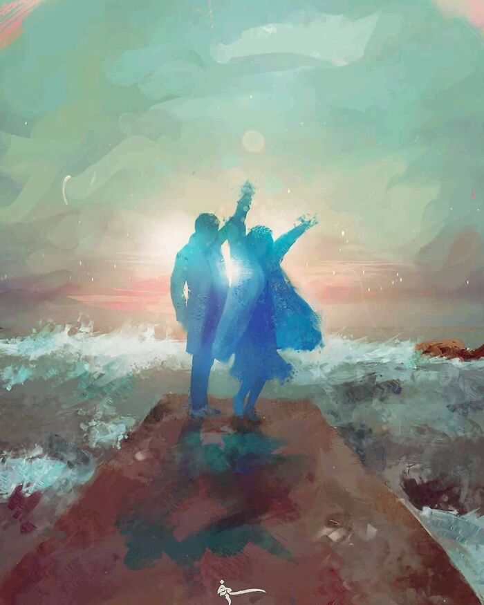 Digital painting of two figures standing on a pier by the ocean, conveying emotion and coping with depression through art.