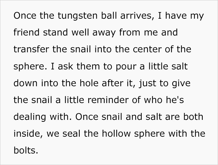 Text describing a detailed plan involving a snail, salt, and a hollow tungsten sphere to escape an assassin snail.