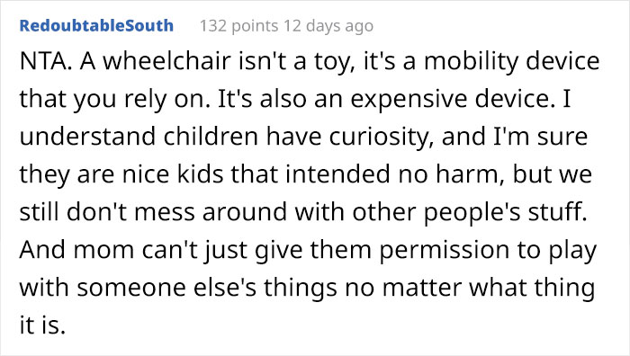 Woman Blamed For Ruining The Evening After Asking Partner’s Nephews Not To Play With Her Wheelchair, Asks The Internet If She Overreacted Woman Blamed For Ruining The Evening After Asking Partner’s Nephews Not To Play With Her Wheelchair, Asks The Internet If She Overreacted