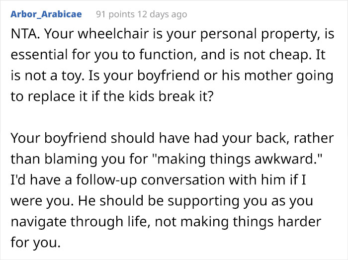 Woman Blamed For Ruining The Evening After Asking Partner’s Nephews Not To Play With Her Wheelchair, Asks The Internet If She Overreacted Woman Blamed For Ruining The Evening After Asking Partner’s Nephews Not To Play With Her Wheelchair, Asks The Internet If She Overreacted