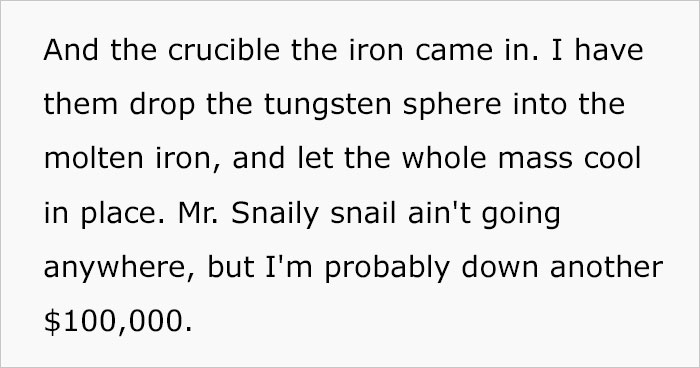 Text excerpt explaining a plan involving an assassin snail and a tungsten sphere in molten iron to evade capture.