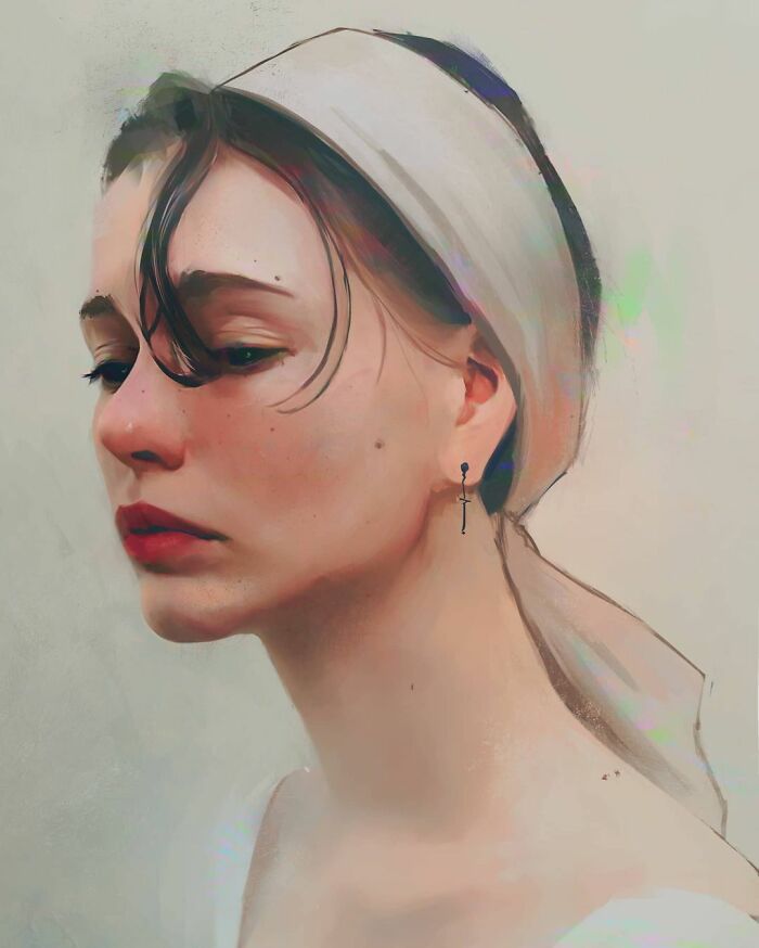 Digital painting of a young woman with a headscarf, expressing emotion through art to cope with depression.