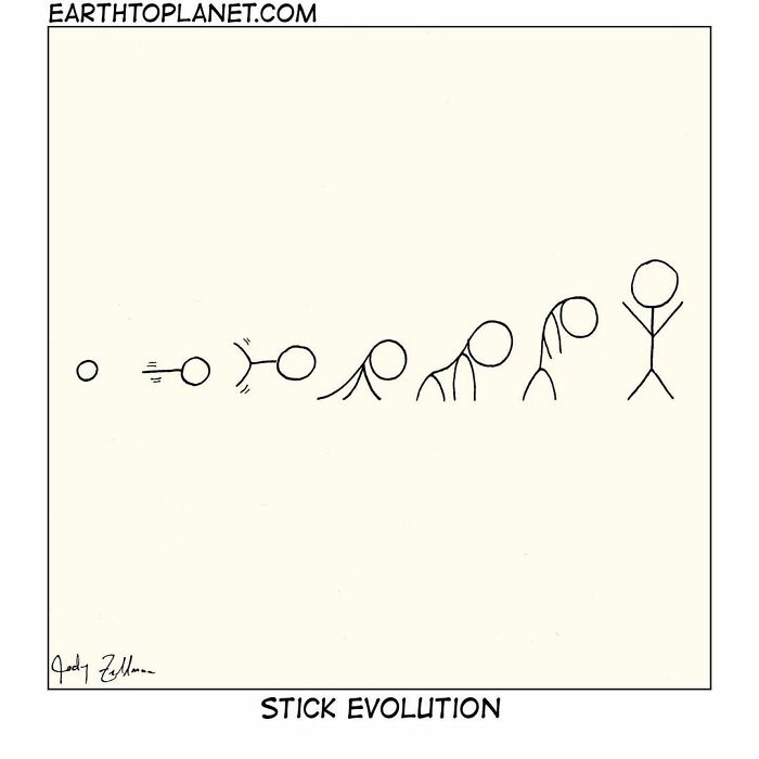 Minimalist comic about stick figure evolution, showcasing fun and absurd situations in a simple and humorous style.