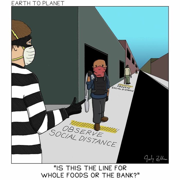 Cartoon comic showing absurd and fun social distancing situation with masked people in line, highlighting humor and absurdity.