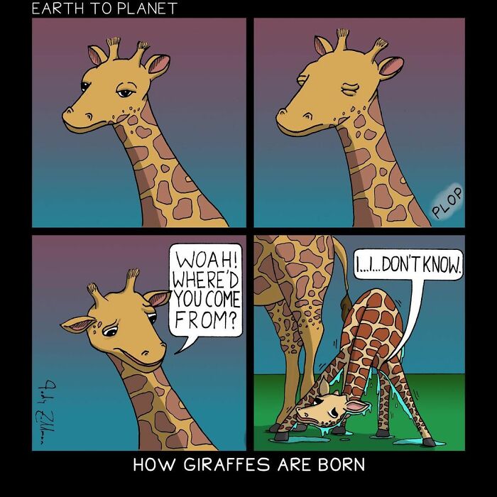 Comic strip showing absurd and fun situations with giraffes in a humorous comic style that might make you laugh.