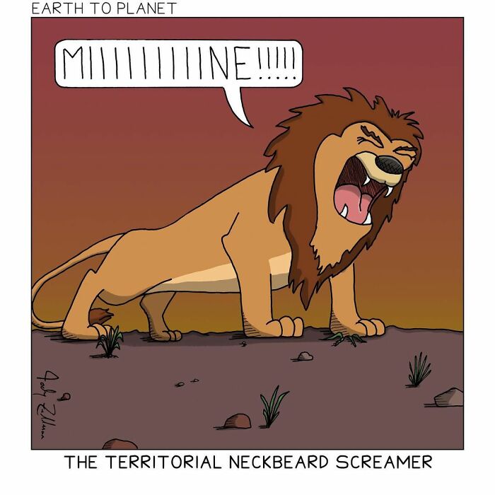 Comic illustration of a lion yelling absurdly with the caption about territorial neckbeard screamer, a fun comic situation.