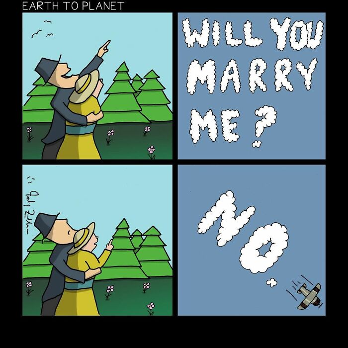 Comic strip showing a couple watching clouds form absurd and funny messages including a marriage proposal and rejection.