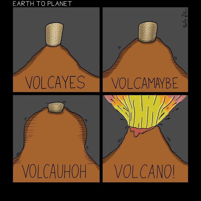 Comic panels showing a humorous volcano eruption with playful word puns in an absurd and fun comic style.
