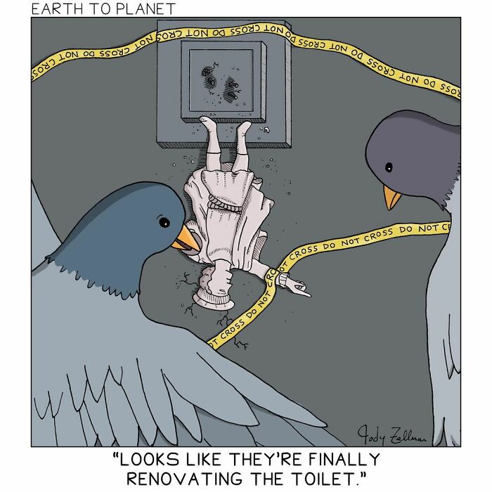 Comic depicting absurd and fun situations with birds inspecting a person stuck in a toilet renovation scene.