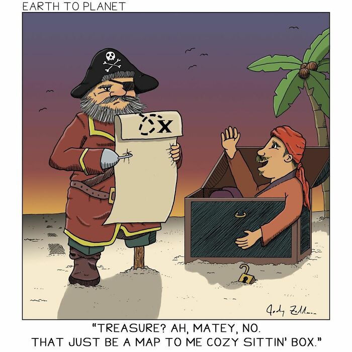 Comic panel shows a pirate holding a map while another pirate waves from a sitting box in a fun and absurd comic situation.