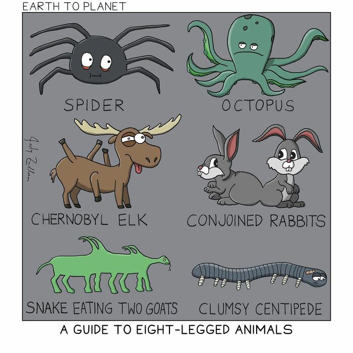 Absurd and fun comic showing humorous eight-legged animals like spider, octopus, and fictional creatures by artist.