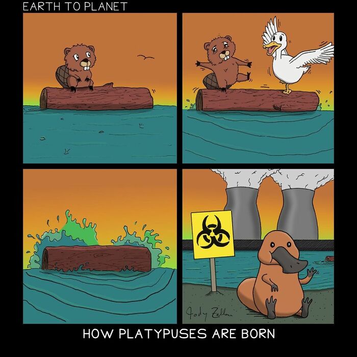 Absurd and fun comic panels showing a beaver, duck, and platypus in a humorous nature scene.