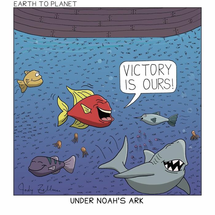 Comic panel showing fish underwater with one saying Victory is ours in a fun and absurd comic situation.