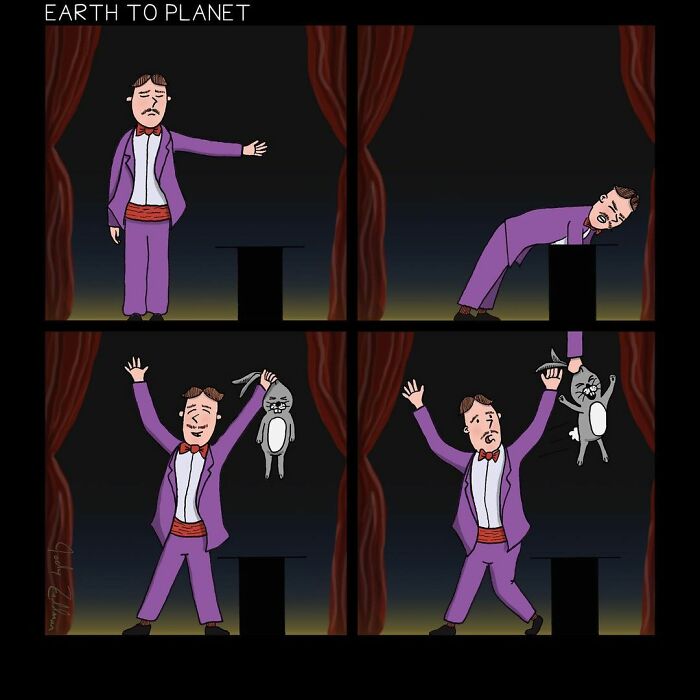 Comic artist illustrating absurd and fun situations with a magician accidentally pulling a cat instead of a rabbit.
