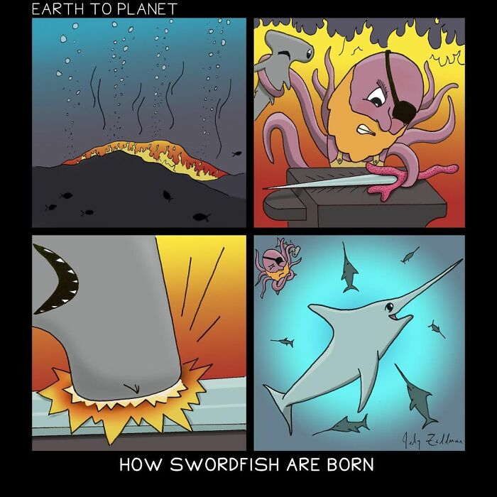 Comic panels illustrating absurd and fun situations showing the humorous birth of swordfish underwater.