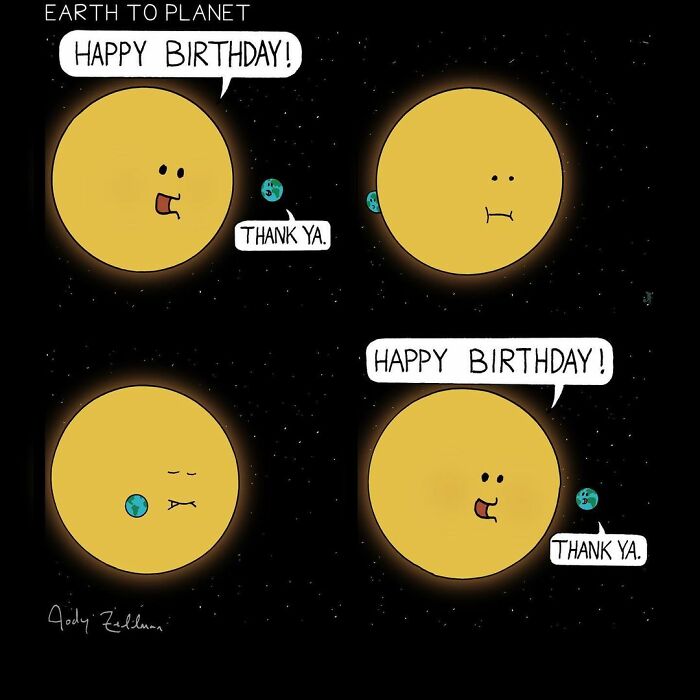 Comic strip showing the sun and Earth exchanging birthday wishes in a fun and absurd illustrated space scene.
