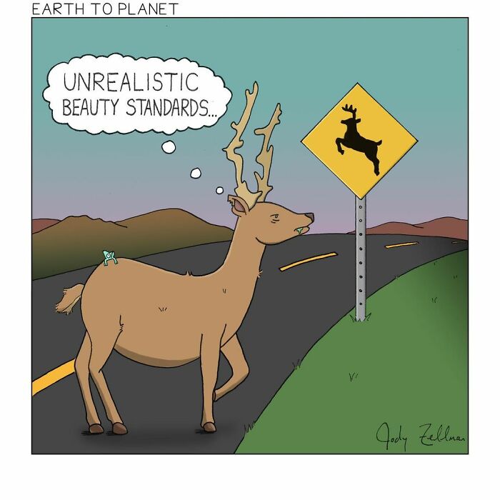 Comic of a deer comparing its antlers to a road sign, highlighting absurd and fun situations about unrealistic beauty standards.