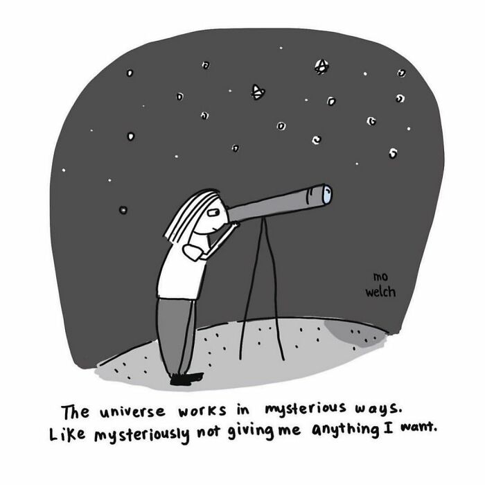 Black and white comic of a reluctant adult looking through a telescope, highlighting sarcastic and relatable comics.