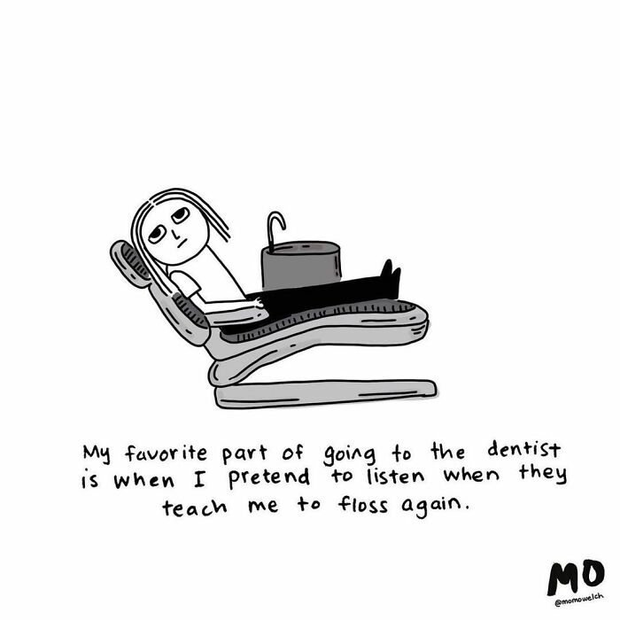 Black and white comic about reluctant adults pretending to listen to flossing advice at the dentist's office.