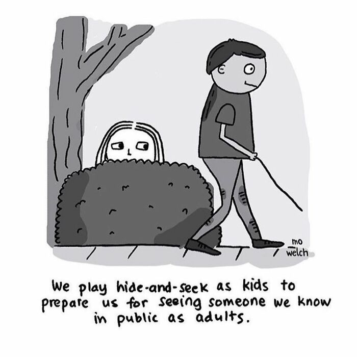 Black and white comic about reluctant adults playing hide-and-seek to avoid seeing someone they know in public.