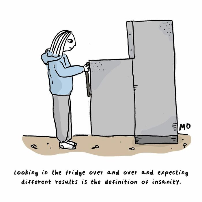 Person in a blue hoodie opening a fridge, illustrating sarcastic and relatable comics about reluctant adults by an artist.