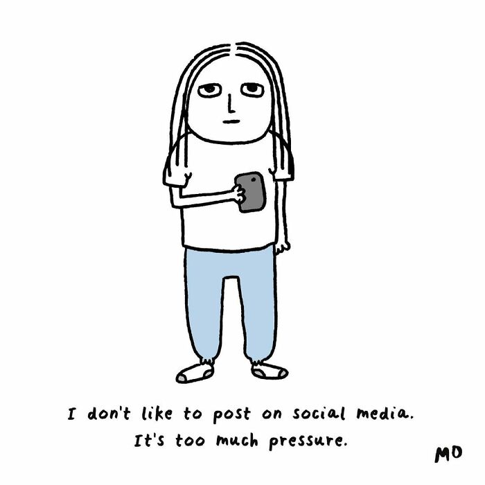 Comic illustration of a reluctant adult holding a phone, expressing pressure of posting on social media in a sarcastic style.
