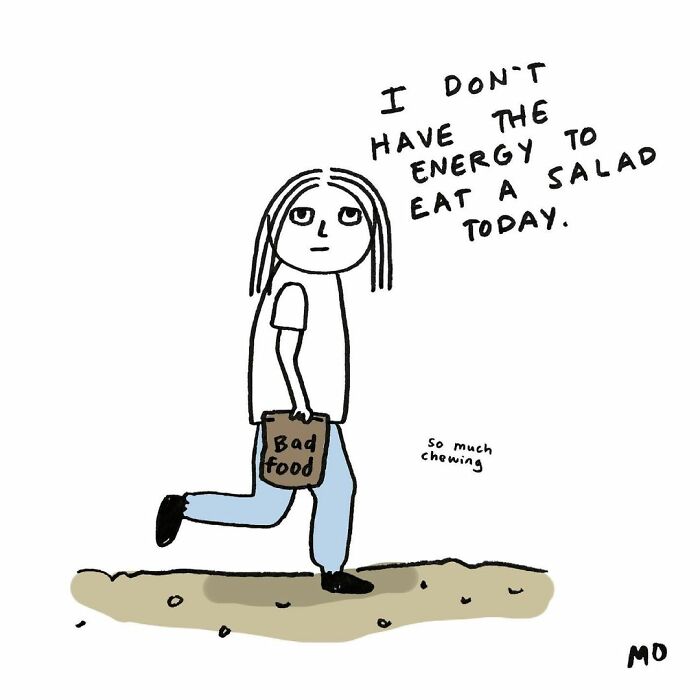 Minimalist comic of reluctant adult carrying bad food, expressing lack of energy to eat salad, in sarcastic relatable style.