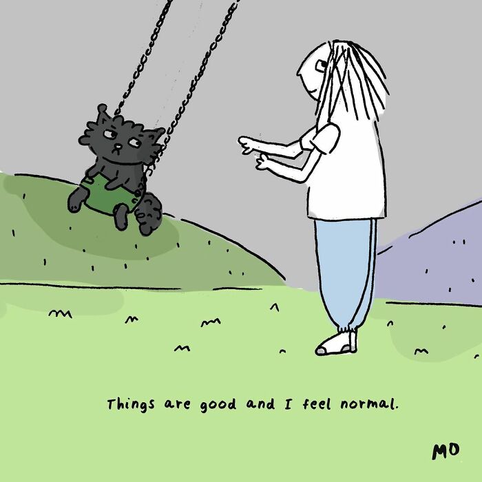 Comic illustration of reluctant adults featuring a person and a cat on a swing with sarcastic, relatable humor.