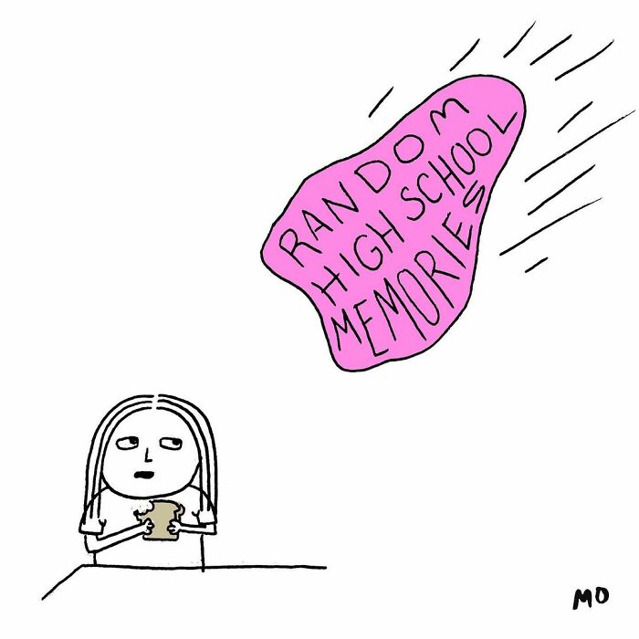 Minimalist comic of a reluctant adult distracted by a flying pink shape labeled random high school memories.