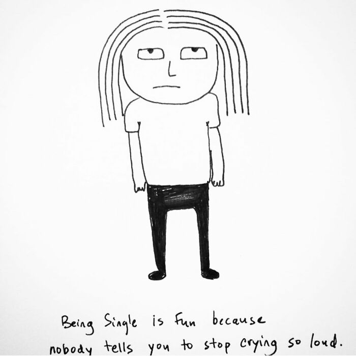 Simple black and white comic of a reluctant adult with sarcastic text about being single and relatable comics.