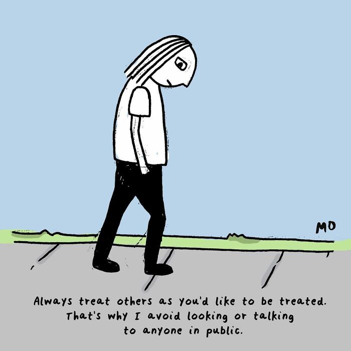 Sarcastic and relatable comic showing a reluctant adult avoiding social interaction while walking with head down.