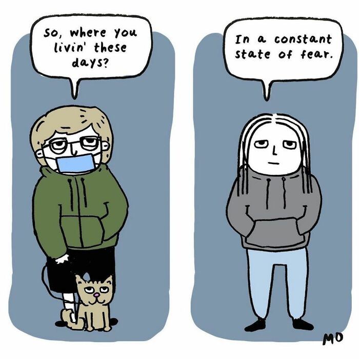 Two reluctant adults in hoodies having a sarcastic conversation about living in a constant state of fear in comics.