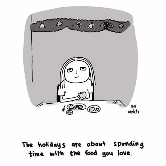 Relatable comic by artist showing reluctant adult eating holiday food, highlighting sarcasm about holiday traditions.