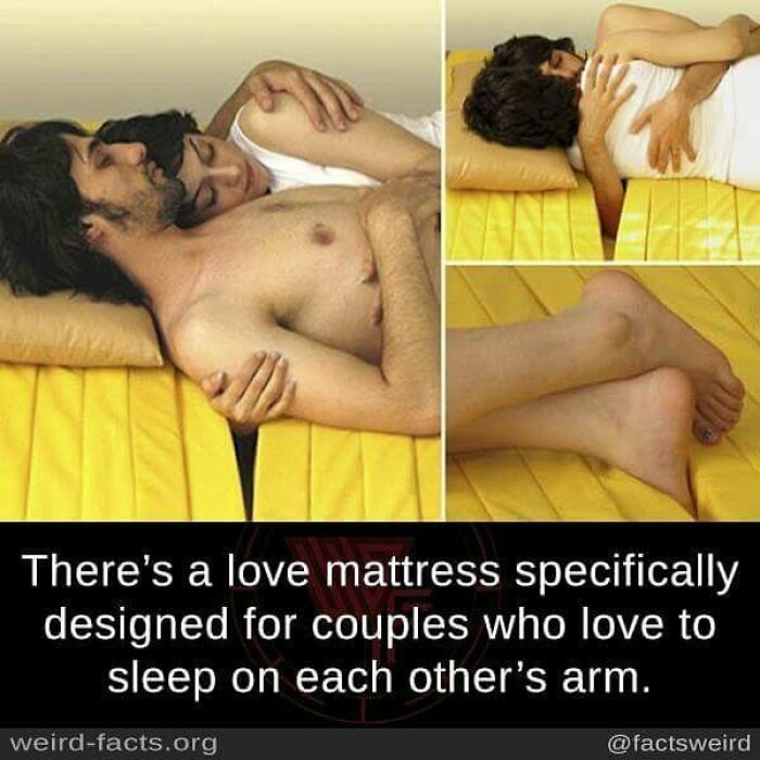 Couple sleeping on a love mattress designed for couples who enjoy sleeping on each other's arms, weird facts about the world.