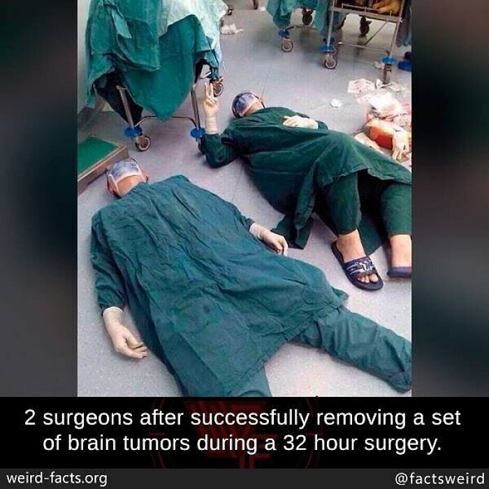 Two surgeons lying on the floor exhausted after a 32-hour surgery, illustrating weird facts about the world.