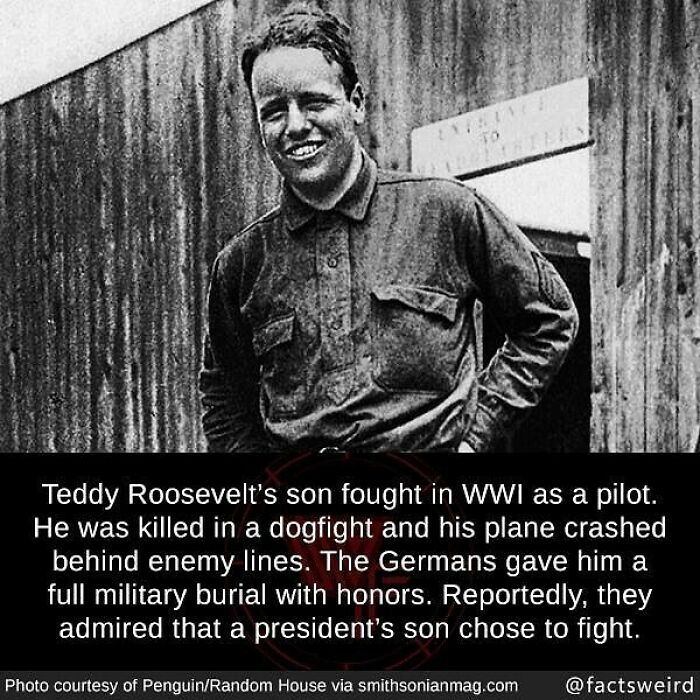 Black and white photo of Teddy Roosevelt’s son, accompanied by a weird fact about his military service in World War I.