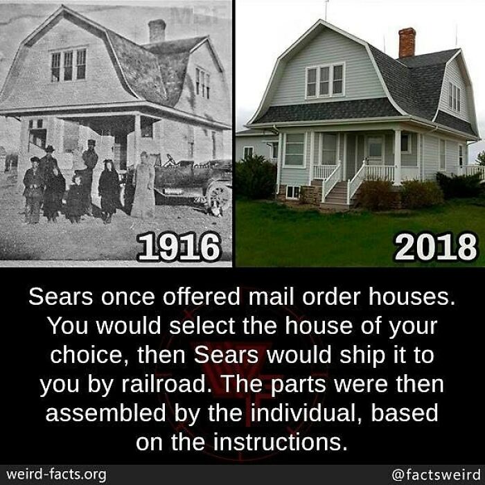 Side-by-side images of a mail order house from 1916 and 2018 illustrating weird facts about the world.